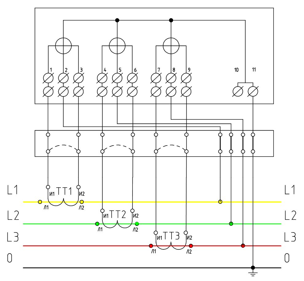 Схема подключения 3 х фазного счетчика через трансформаторы тока