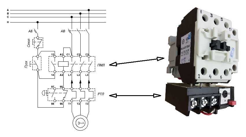 Схема подключения пускателя с тепловым реле