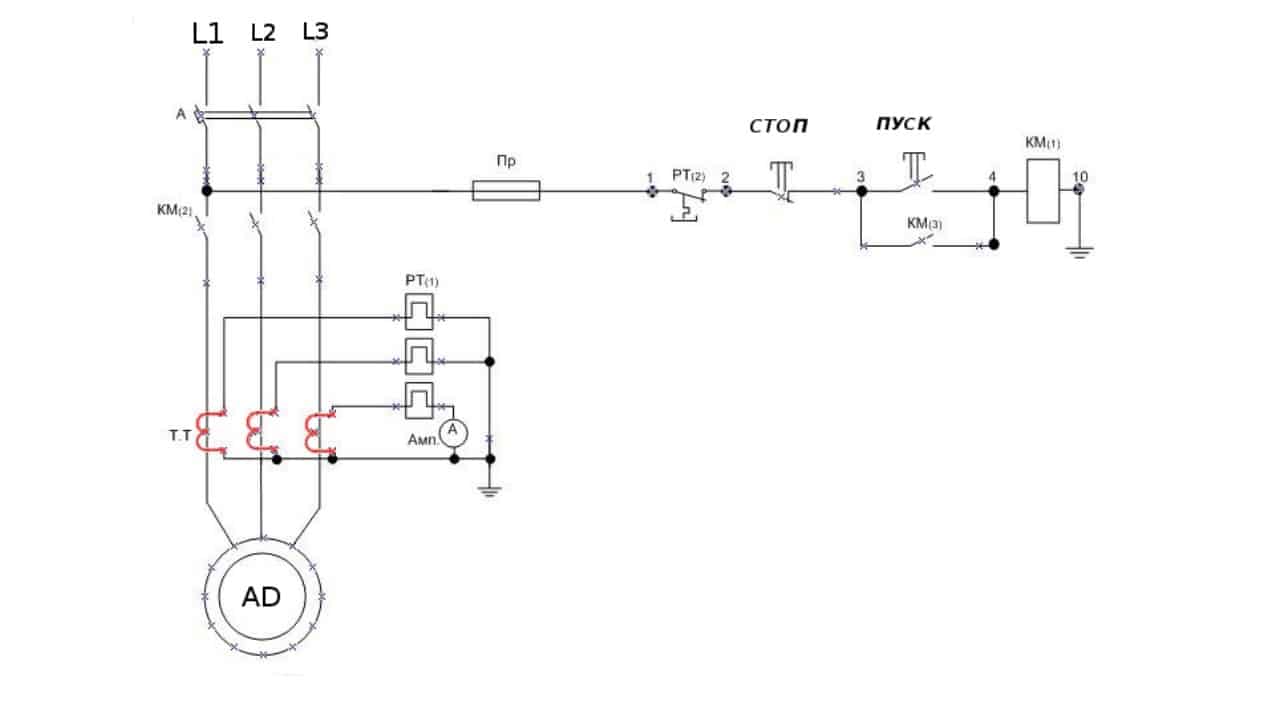 Схема пускателя с тепловым реле